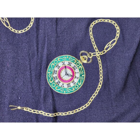 Vintage 90s Timepiece Sweater with Watches and Crests in Black Wool Blend - Picture 4 of 8